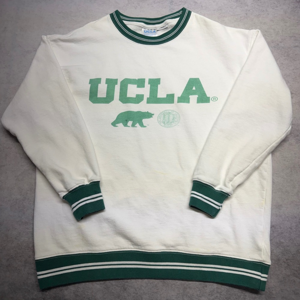 VTG UCLA Bruins Oversized Unisex Small White Green Striped Trim Uni Sweatshirt